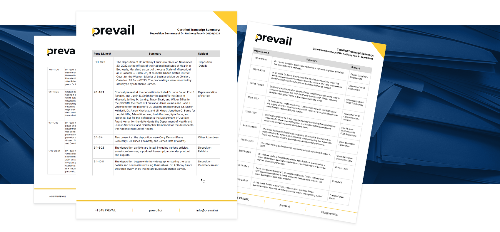Sample images of Prevail's three types of AI-generated transcript summaries.